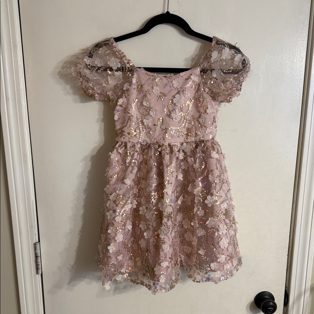 Rare Editions Pink Sequin Floral Dress With Gold Accents